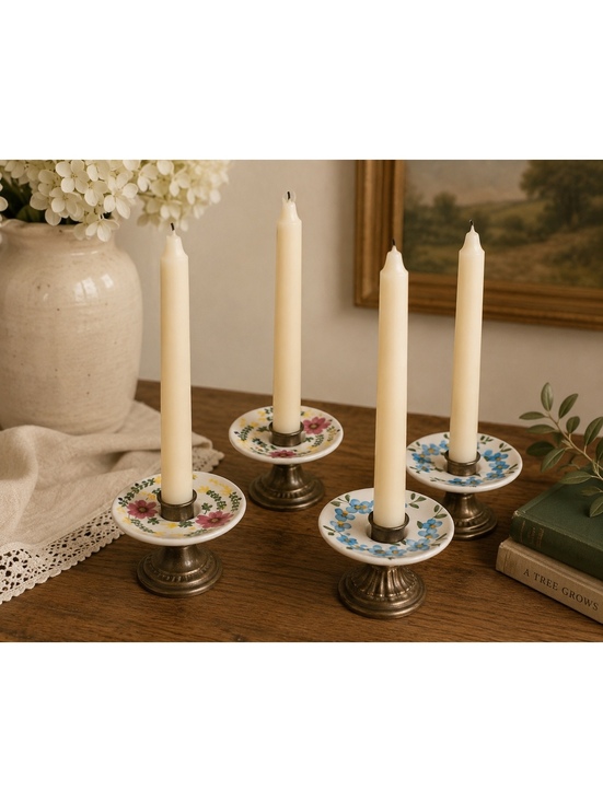 Other - Vintage Hand Painted Ceramic Taper Candle Bobeches Set of 4 Floral Drip Catchers